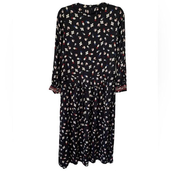 Zadig & Voltaire Reacty Floral Vintage Long Sleeve Slit Ruffle Midi Dress Black - Picture 9 of 12